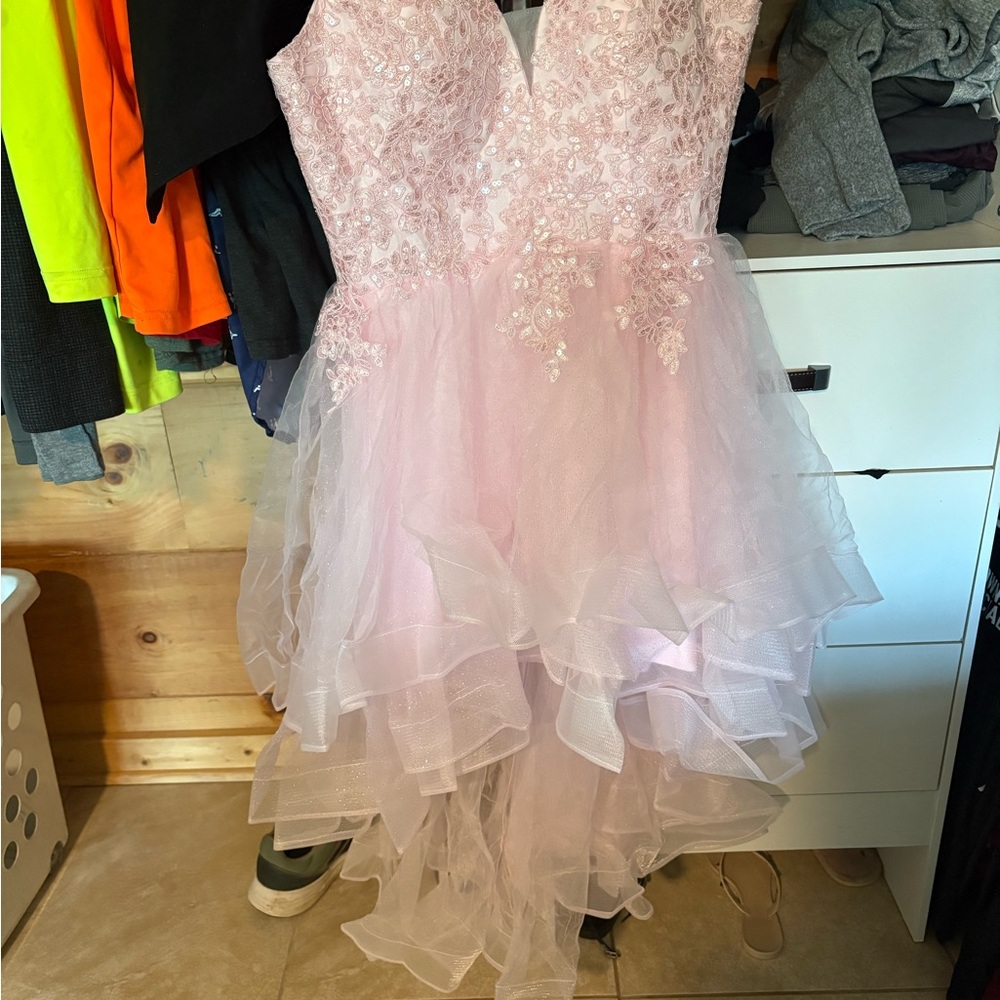 Pink High Low Sleeveless Gown with Plunge Neckline